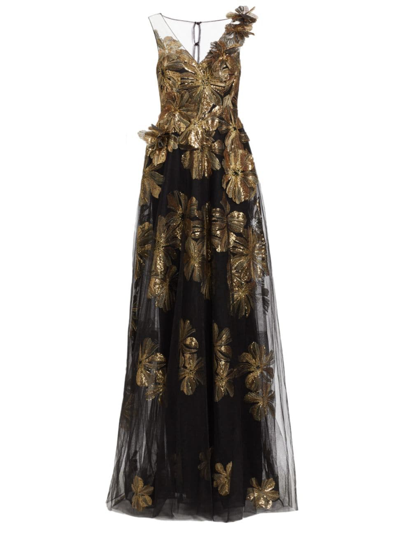Teri Jon By Rickie Freeman Women's Floral Sequined Tulle Gown In Black Gold
