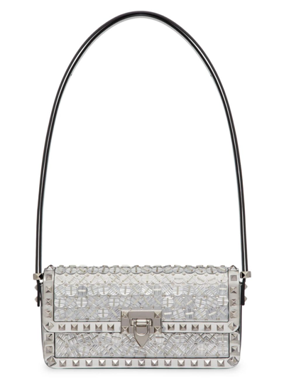 Valentino Garavani Women's Rockstud23 East West Embroidered Shoulder Bag In Silver Crystal