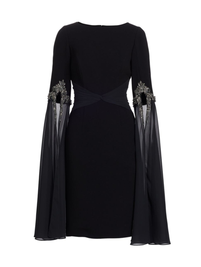 Teri Jon By Rickie Freeman Women's Embellished Tulle-sleeve Midi-dress In Black