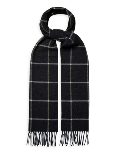 Eton Checked-print Fringed Wool Scarf In Navy Blue