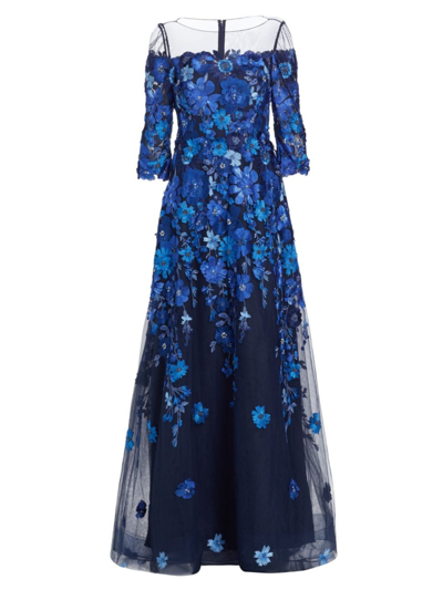 Teri Jon By Rickie Freeman Women's Floral Appliqué Illusion A-line Gown In Blue Multi
