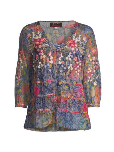Johnny Was Women's Locust Mesh Floral Tiered Blouse In Neutral