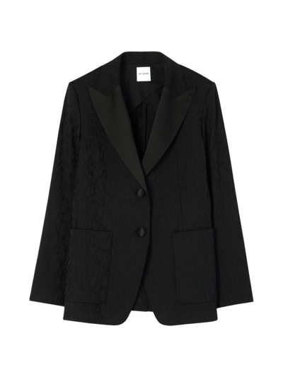 St John Satin-lapel Leopard Jacquard Single-breasted Blazer Jacket In Black