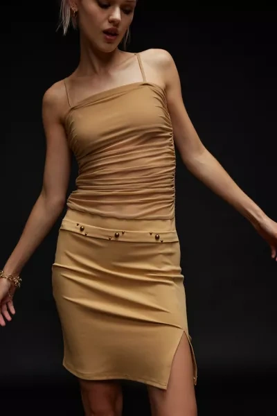 Zemeta Mesh Low-belt Mini Dress In Tan