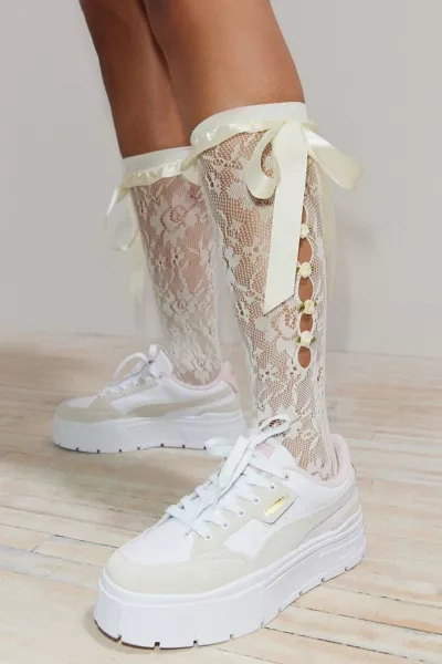Urban Outfitters Lacey Lace-up Knee High Sock In White