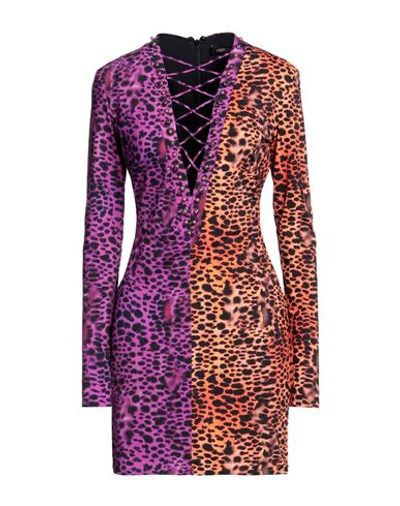 Roberto Cavalli Jersey Printed Lace-up V Neck Mini Dress In Multicolour