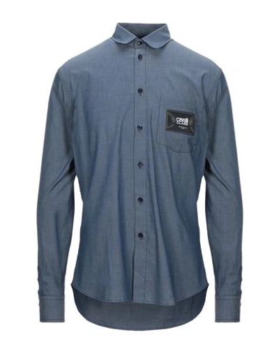 Cavalli Class Man Shirt Slate Blue Size 38 Cotton, Elastane