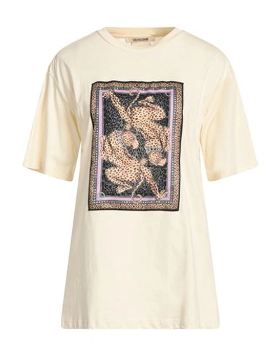 Roberto Cavalli Woman T-shirt Beige Size M Cotton, Glass