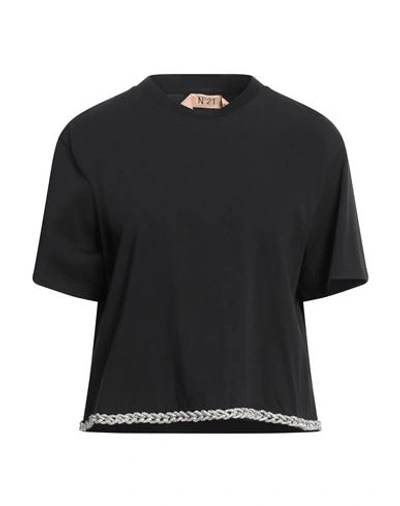 N°21 Woman T-shirt Black Size 6 Cotton, Glass, Silicone