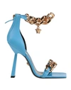Versace Woman Sandals Azure Size 10.5 Soft Leather In Blue