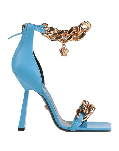 Versace Woman Sandals Azure Size 10.5 Soft Leather In Blue