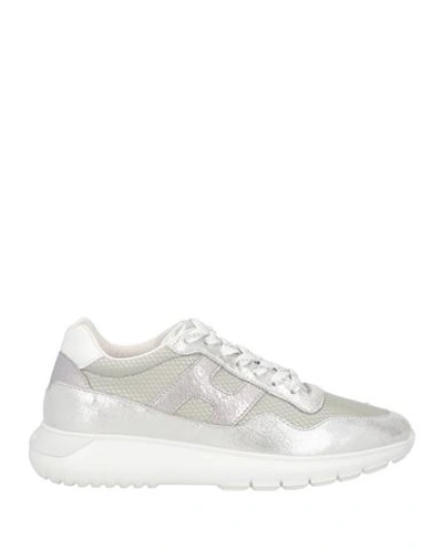 Hogan Woman Sneakers Silver Size 7 Soft Leather, Textile Fibers