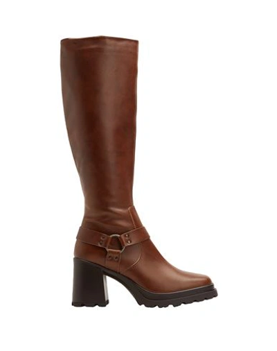 8 By Yoox Leather Buckle-detail High Boot Woman Knee Boots Tan Size 11 Calfskin In Brown
