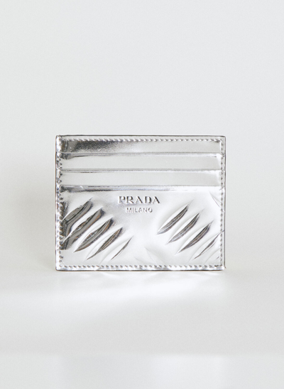 Prada Debossed Logo Metallic Cardholder In Silver