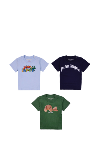 Palm Angels Baby Set Of 3 Cotton Jersey T-shirts In Blue