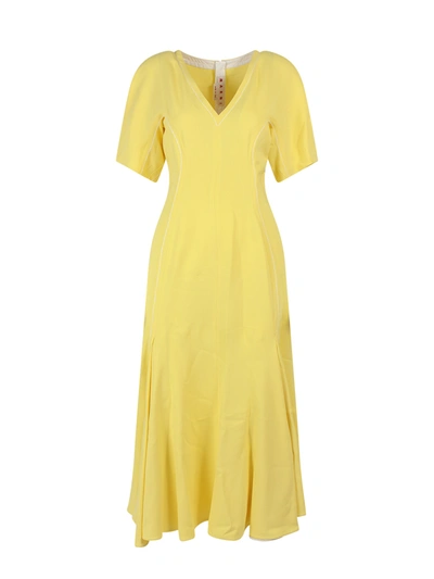 Marni V-neck Flared Midi Dress In Yellow