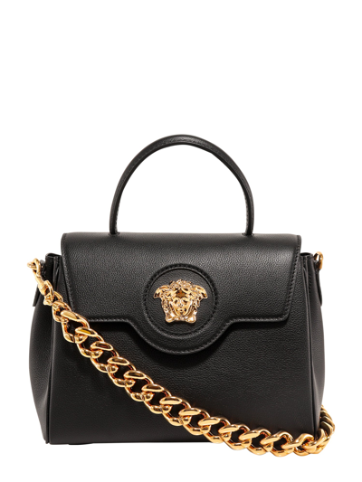 Versace Leather Shoulder Bag With Iconic Frontal Medusa In Black