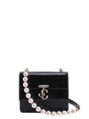 JIMMY CHOO LEATHER SHOULDER BAG WITH FRONTAL MONOGRAM AND RHINESTONES