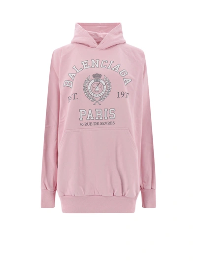 Balenciaga Pink Oversized Hoodie With College-style Logo Print In Cotton Woman