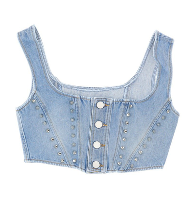 Alessandra Rich Studded Cropped Denim Corset Top In Blue