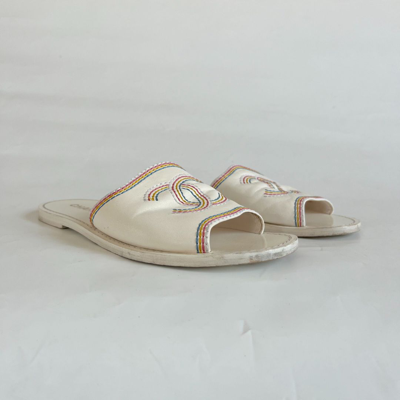 Pre-owned Chanel White Flat Mule Sandals With Multicolor Stitch Detail, 39c