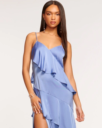 Ramy Brook Elsie Ruffle Satin Maxi Dress In Steel Blue