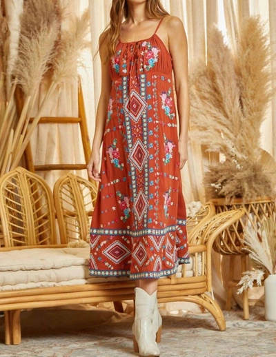 Savanna Jane Embroidered Midi Dress With Tie Front Details In Rust In Multi