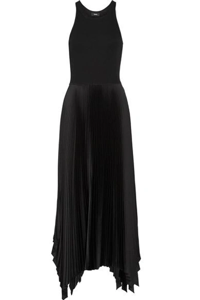 Theory Vinessi Ribbed Stretch-knit And Pleated Satin Maxi Dress In Black