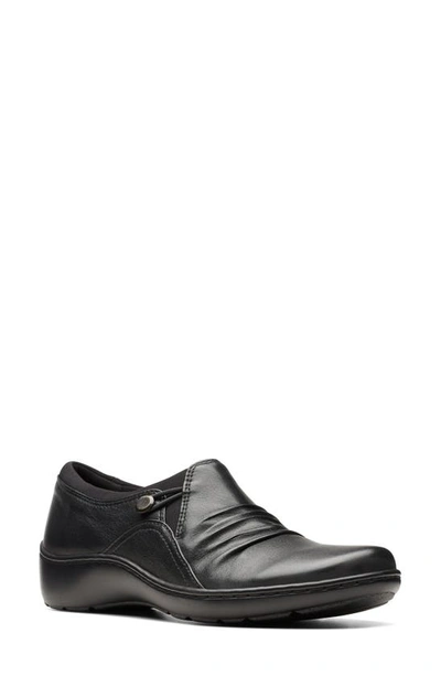 Clarks Women's Cora Dusk Ruched Side-button Slip-on Shoes In Black Leather