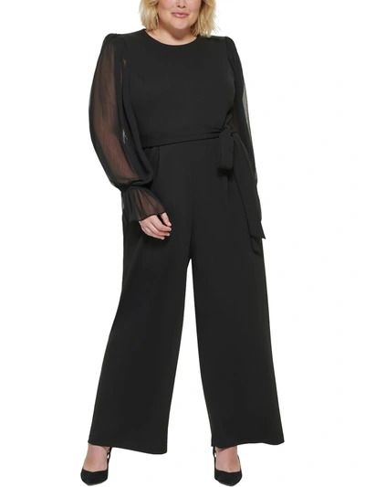 Calvin Klein Plus Size Sheer-sleeve Wide-leg Jumpsuit In Black