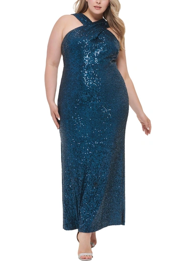 Eliza J Plus Womens Sequined Maxi Evening Dress In Blue