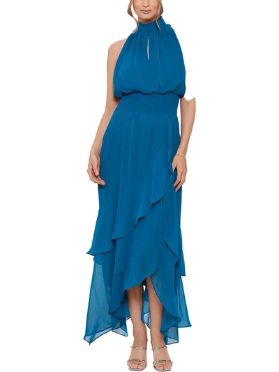 Xscape Womens Smocked Long Evening Dress In Blue