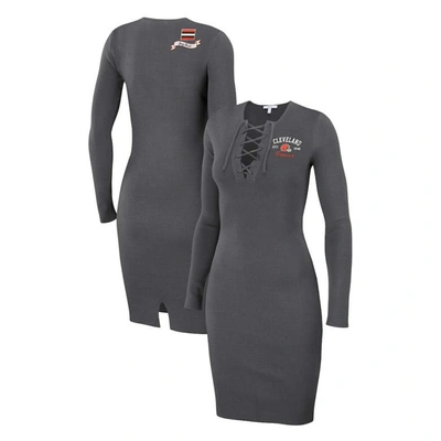 WEAR BY ERIN ANDREWS WEAR BY ERIN ANDREWS CHARCOAL CLEVELAND BROWNS LACE UP LONG SLEEVE DRESS