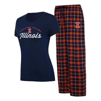 Concepts Sport Women's  Navy, Orange Illinois Fighting Illini Arctic T-shirt And Flannel Pants Sleep In Navy,orange