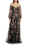 Marchesa Notte Floral Embroidery Long Sleeve Gown In Black Combo