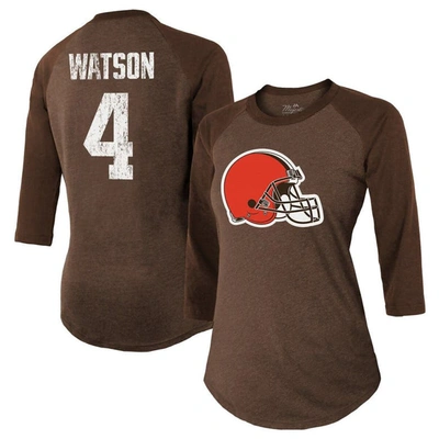 Majestic Women's  Threads Deshaun Watson Brown Cleveland Browns Name & Number Raglan 3/4 Sleeve T-shi