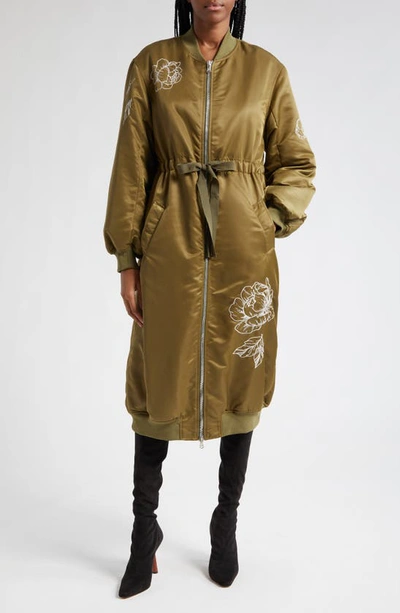 Cinq À Sept Pauline Peony Embroidered Long Bomber Coat In Olive