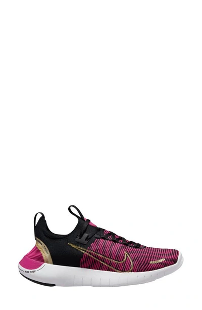 Nike Free Run Flyknit Next Nature Running Shoe In Black/ Gold/ Pink