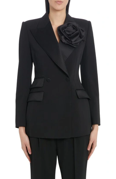 Dolce & Gabbana Wool Tuxedo Jacket With Floral Applique Detail In Nero