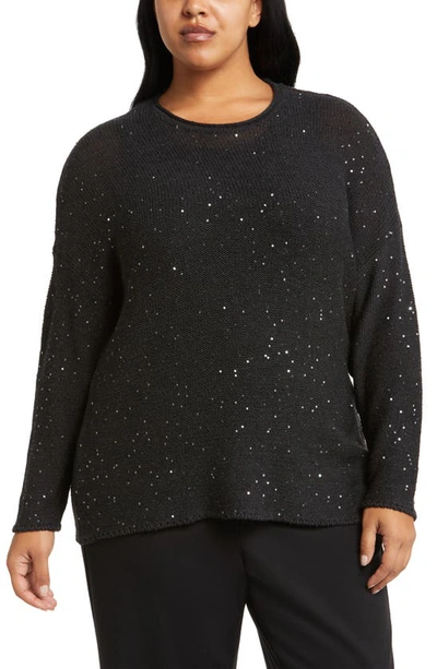 Eileen Fisher Crewneck Sequin Knit Pullover In Charcoal