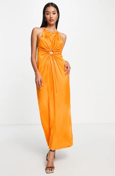 Topshop Cut Out Halter Satin Midi Slip Dress In Orange