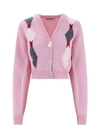 Alessandra Rich Diamond Jacquard Wool Knit Crop Cardigan In Rosa