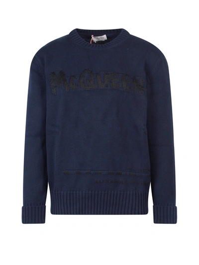 Alexander Mcqueen Logo-intarsia Crew Neck Jumper In Navy