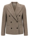 Brunello Cucinelli Metallic Double-breasted Jacket With Peak Revers In Linen Blend Woman In Brown