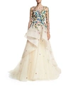 MONIQUE LHUILLIER FLORAL-EMBROIDERED TIERED ILLUSION GOWN,PROD199860220