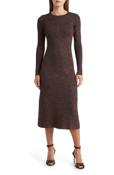 Zoe And Claire Metallic Long Sleeve Midi Sweater Dress In Brown