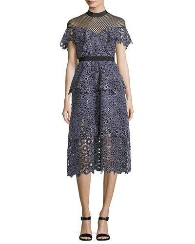 Self-portrait Cut-out Ditzy-lace And Floral-embroidered Dress In Grey
