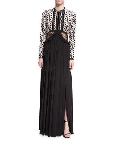 Self-portrait Lace-panel Long-sleeved Pleated Crepe Dress In Black/ White