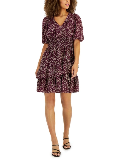 Taylor Petites Womens Ditsy-print Smocked Fit & Flare Dress In Purple