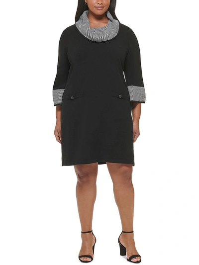 Jessica Howard Plus Womens Cowl Neck Shift Sweaterdress In Black